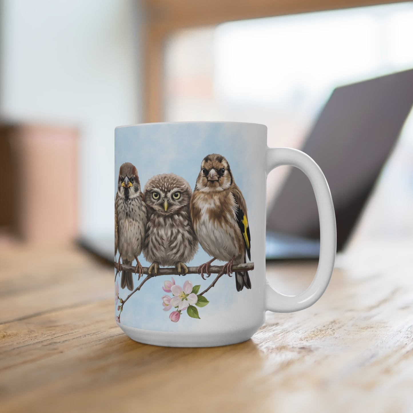 Amsel Rotkehlchen Eule Ästlinge Premium Keramiktasse | Geschenk für Vogelbeobachter
