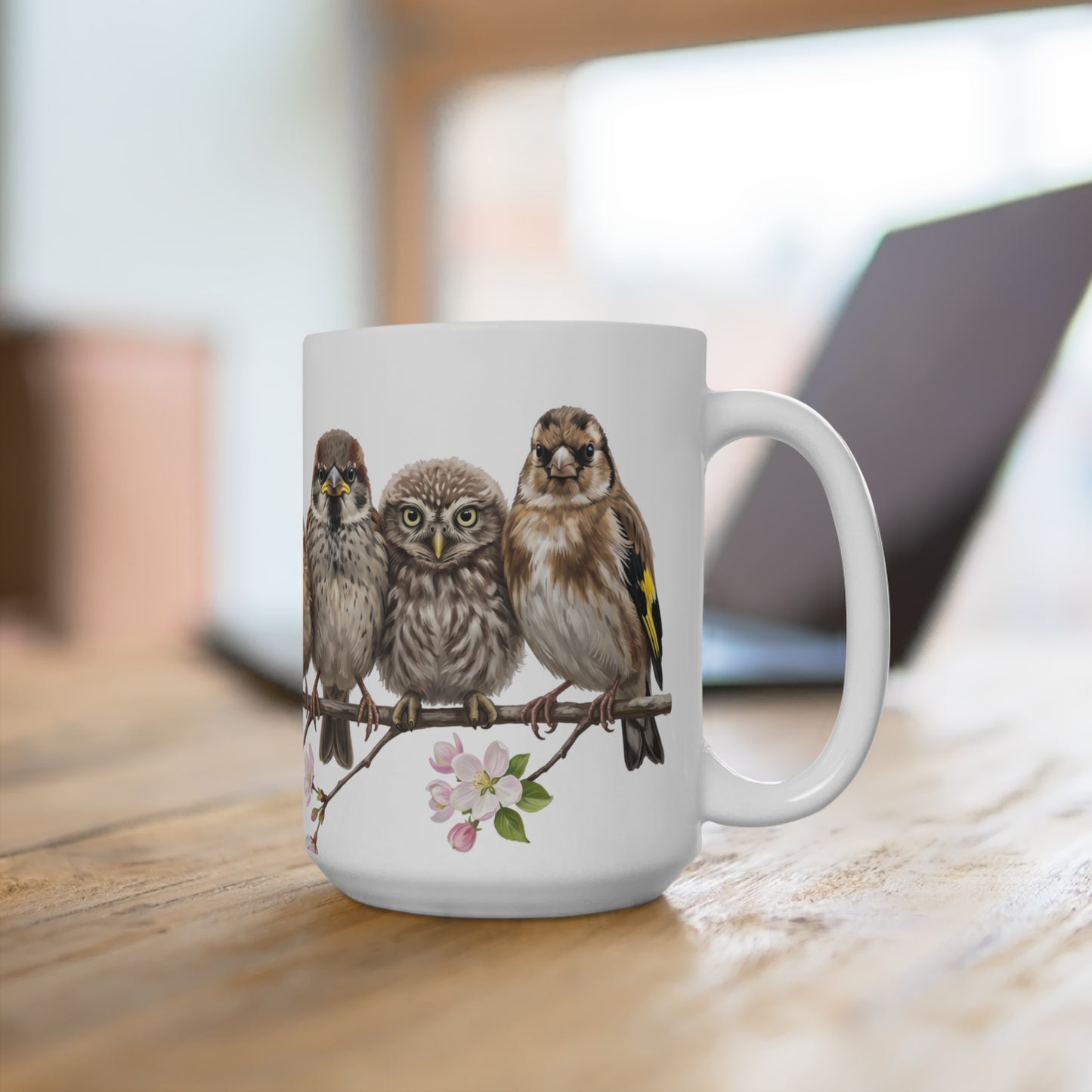 Amsel Rotkehlchen Eule Ästlinge Premium Keramiktasse Weiß | Geschenk für Vogelbeobachter