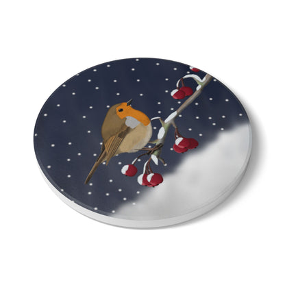 Rotkehlchen im Schnee Keramik-Untersetzer: Weihnachtliches Vogel-Motiv