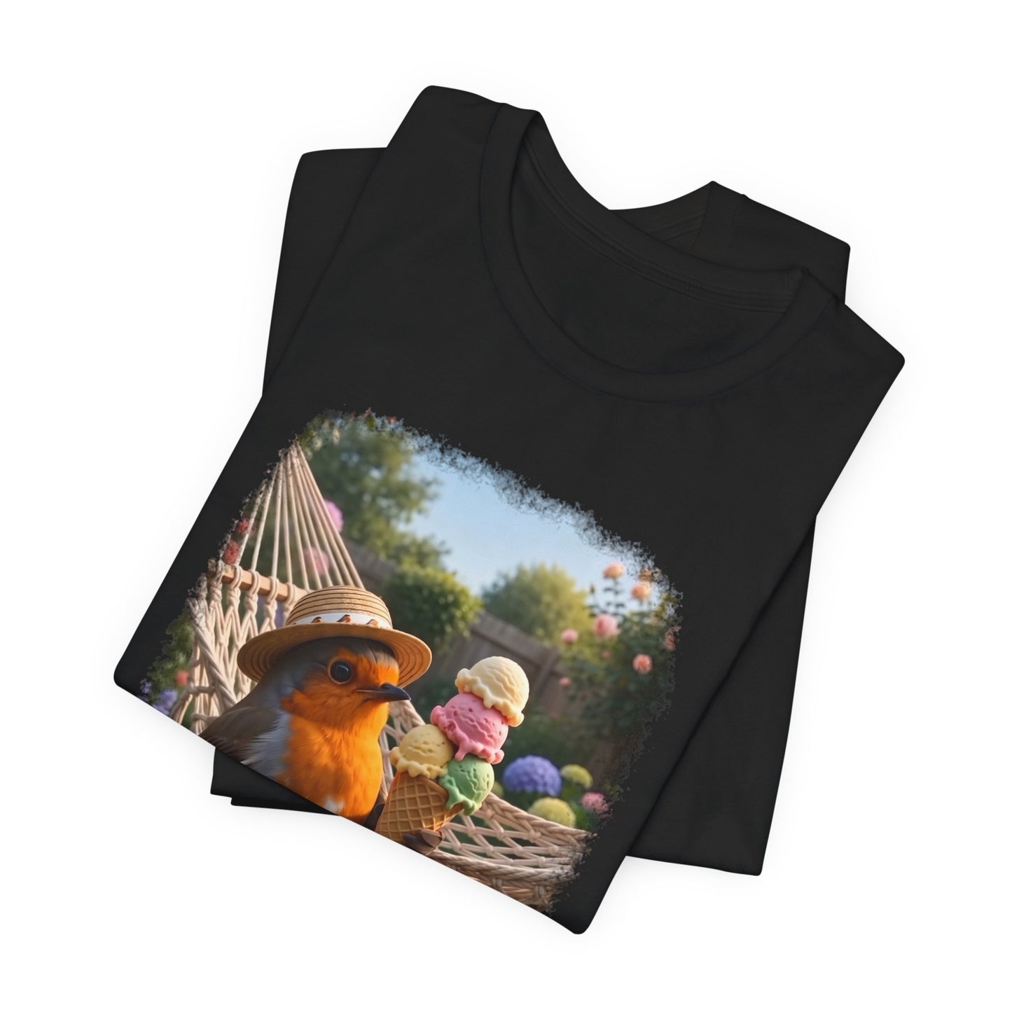 Premium T-Shirt Rosi Rotkehlchen & das Riesen-Eis im Garten für Vogelbeobachter