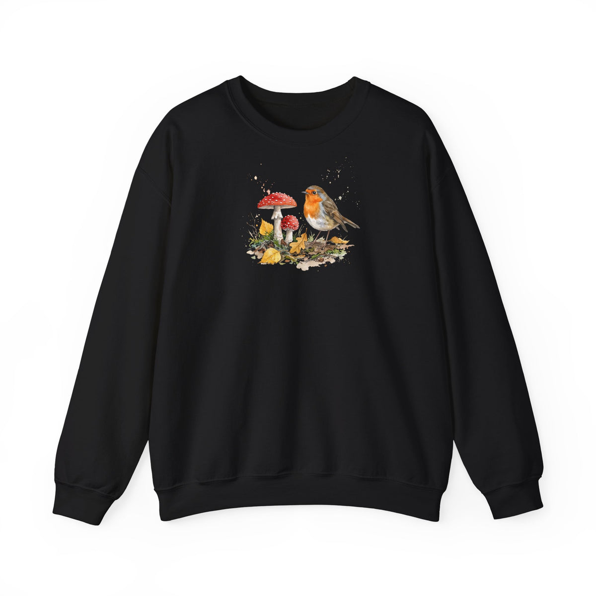 Rotkehlchen Herbst-Sweatshirt – Gemütlicher Pullover mit Herbstlaub & Fliegenpilzen