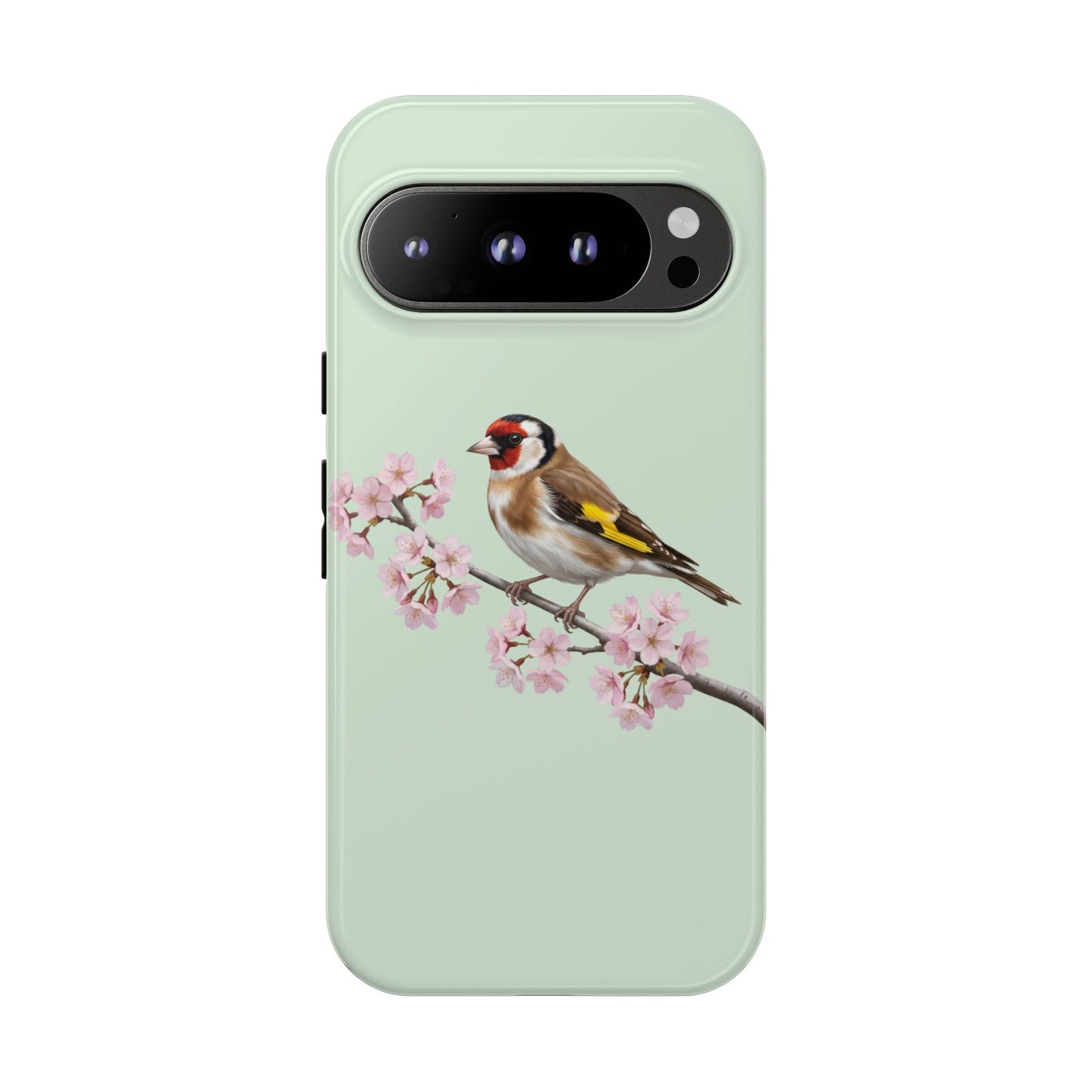 Stieglitz Handyhülle in Salbeigrün | Florales Kirschblüten Vogel-Motiv für iPhone & Google Pixel