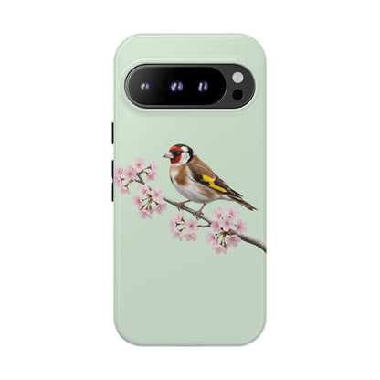Stieglitz Handyhülle in Salbeigrün | Florales Kirschblüten Vogel-Motiv für iPhone & Google Pixel