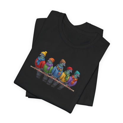 Tauben in Strick T-Shirt – Weiches Premium Shirt mit Einzigartigem Vogelmotiv