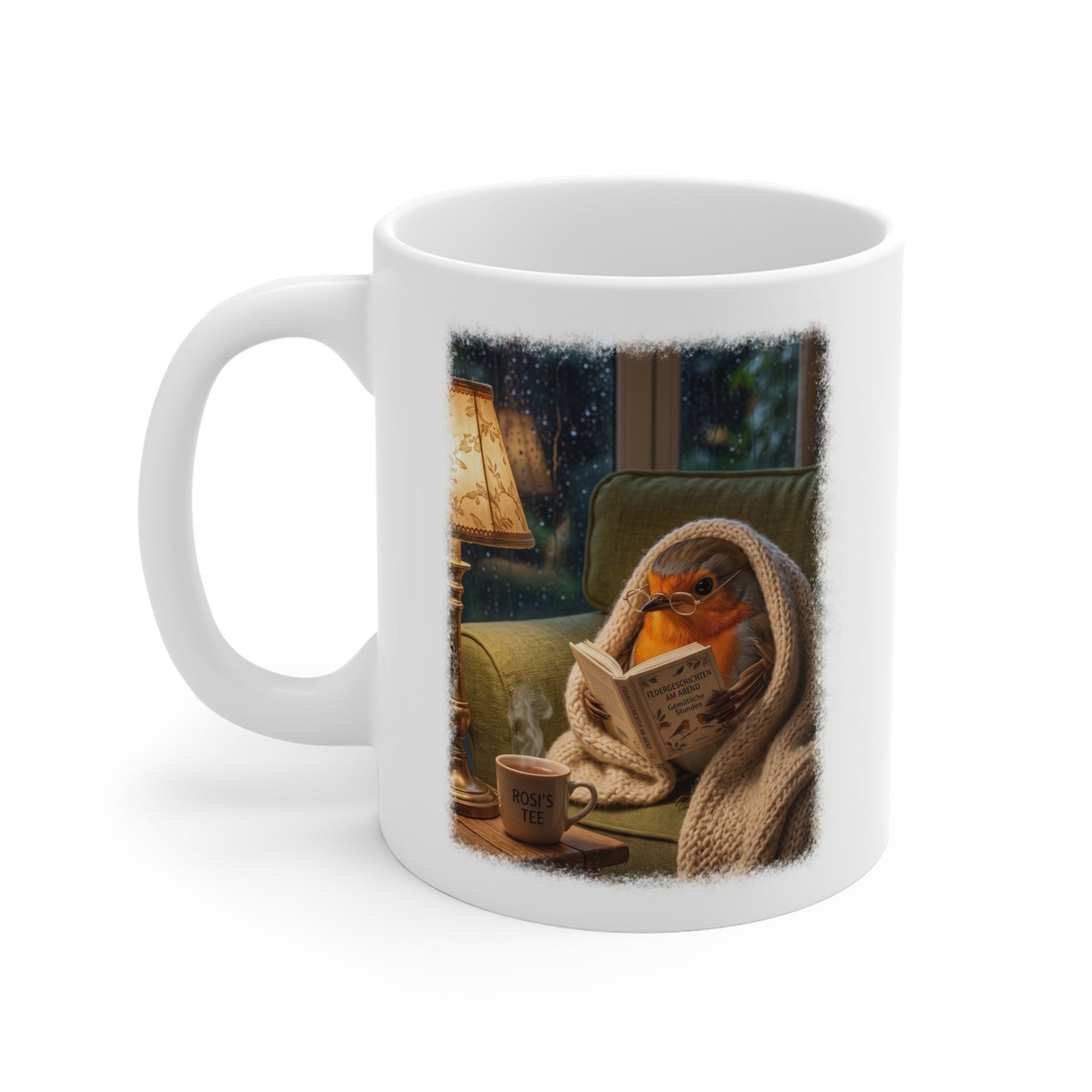 Gemütliche Rotkehlchen Kaffeetasse mit Lese-Motiv | Süße Keramiktasse für Buchliebhaber & Cozy Vibes