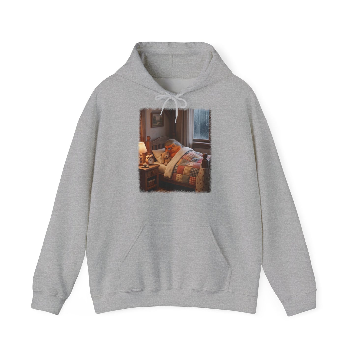 Süßes Rotkehlchen Hoodie im Bett mit Teddy | Kuscheliger Vogel Kapuzenpullover für Langschläfer