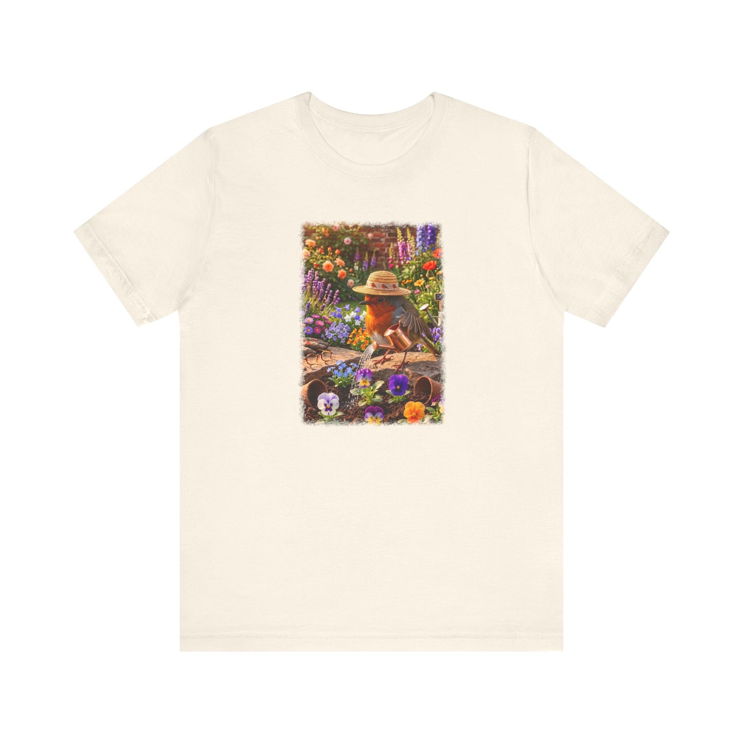 Niedliches Rotkehlchen T-Shirt beim Blumen gießen | Gemütliches Garten-Motiv
