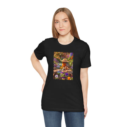 Niedliches Rotkehlchen T-Shirt beim Blumen gießen | Gemütliches Garten-Motiv
