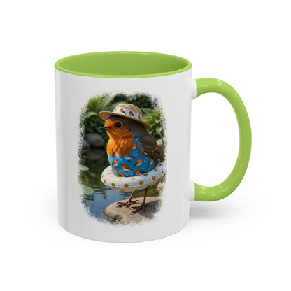 A white ceramic mug with a bright green interior and handle, featuring a printed illustration of a small bird wearing a straw hat and blue outfit sitting in a pool float.