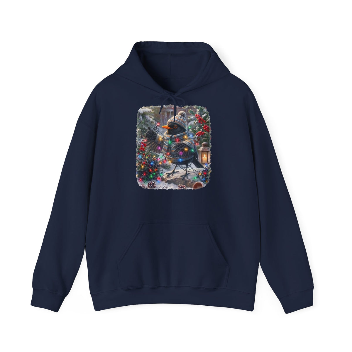 Premium Hoodie Amsel und die Lichterkette im winterlichen Garten für Vogelbeoachter