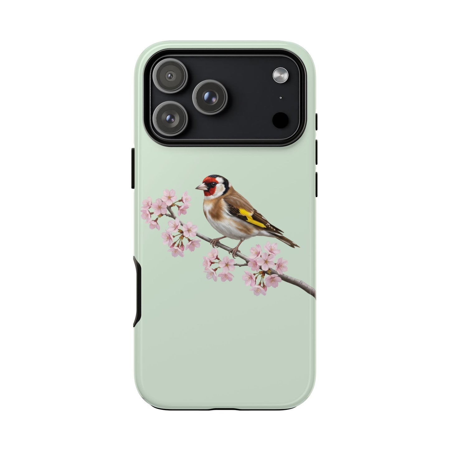 Stieglitz Handyhülle in Salbeigrün | Florales Kirschblüten Vogel-Motiv für iPhone & Google Pixel