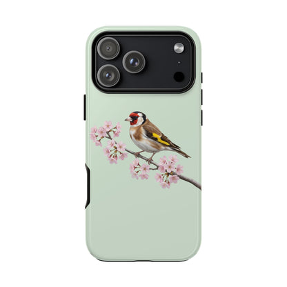 Stieglitz Handyhülle in Salbeigrün | Florales Kirschblüten Vogel-Motiv für iPhone & Google Pixel