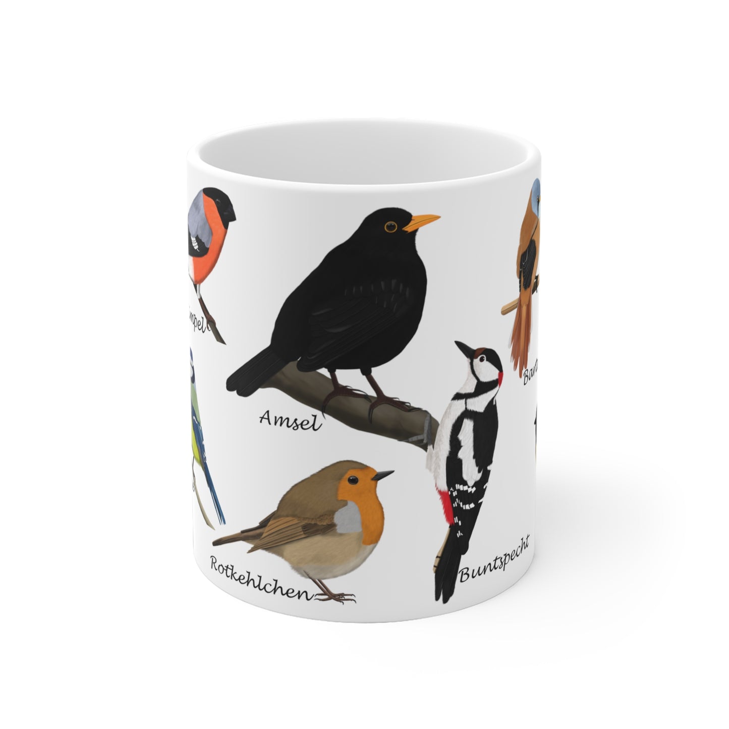 Gartenvögel Amsel Rotkehlchen Blaumeise Zaunkönig Gimpel Vogel Tasse