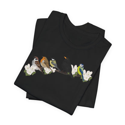 Amsel Rotkehlchen Spatz auf einem Ast Vogel T-Shirt für Vogelfreunde und Vogelbeobachter