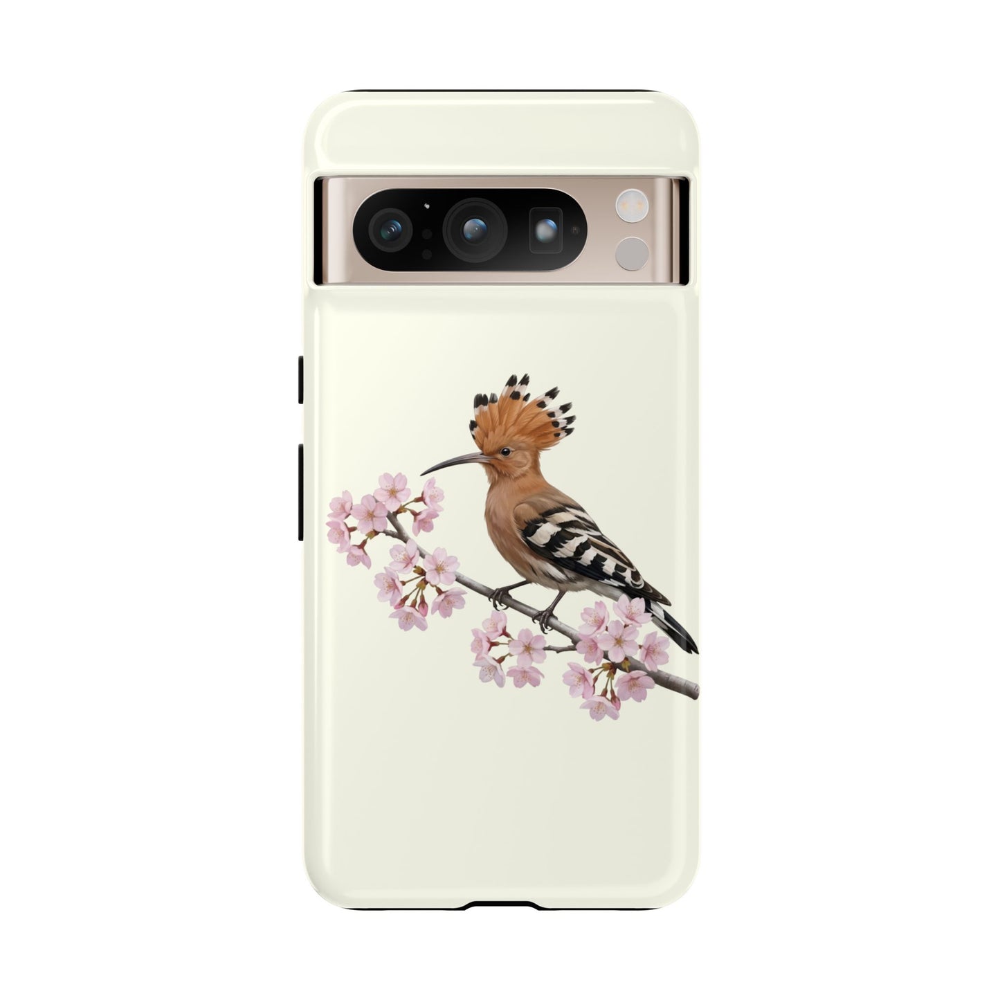 Wiedehopf Handyhülle in Cremeweiß | Florales Kirschblüten Vogel-Motiv für iPhone & Google Pixel