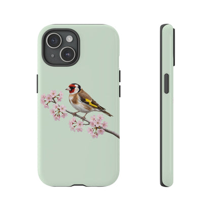 Stieglitz Handyhülle in Salbeigrün | Florales Kirschblüten Vogel-Motiv für iPhone & Google Pixel