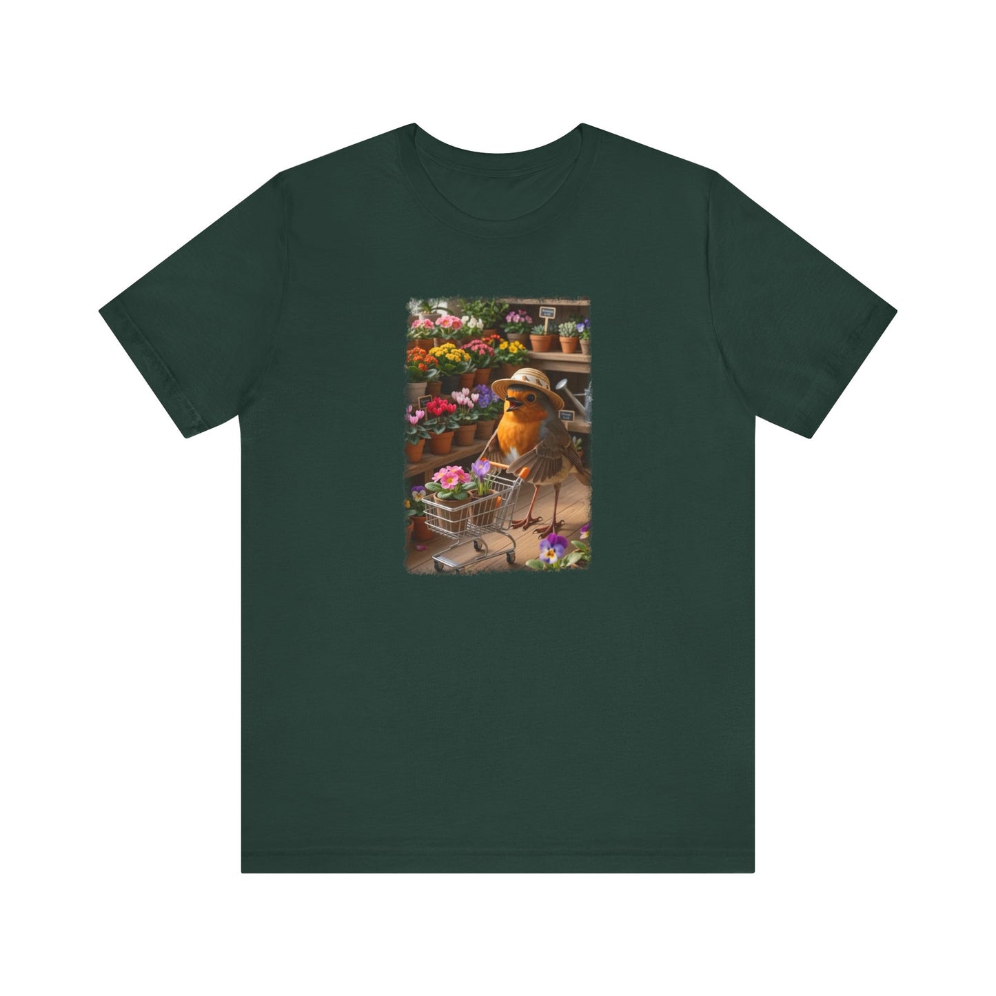 Lustiges Rotkehlchen T-Shirt mit vollem Blumen-Einkaufswagen | Niedliches Pflanzen-Motiv