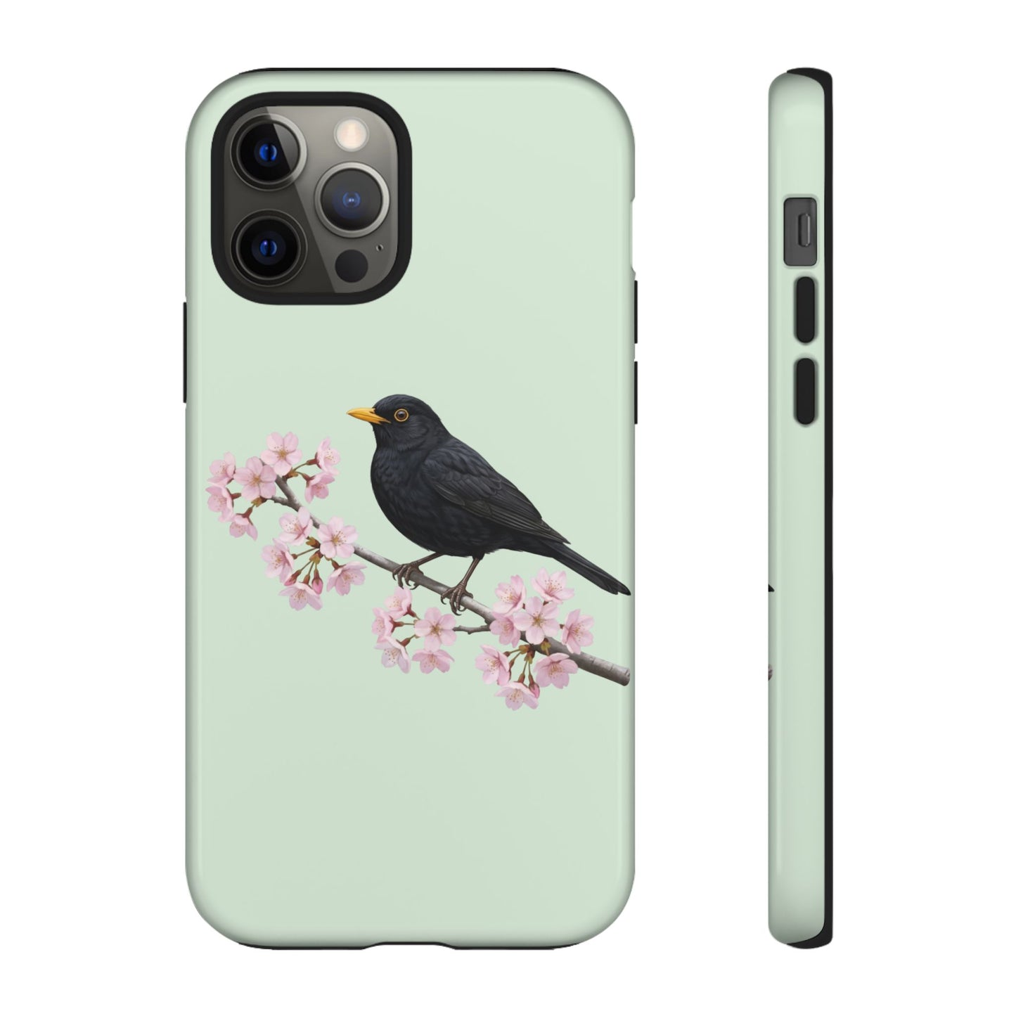 Amsel Handyhülle – in Salbeigrün | Florales Kirschblüten Vogel-Motiv für iPhone & Google Pixel