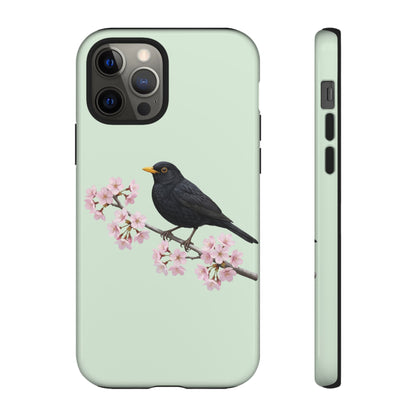 Amsel Handyhülle – in Salbeigrün | Florales Kirschblüten Vogel-Motiv für iPhone & Google Pixel