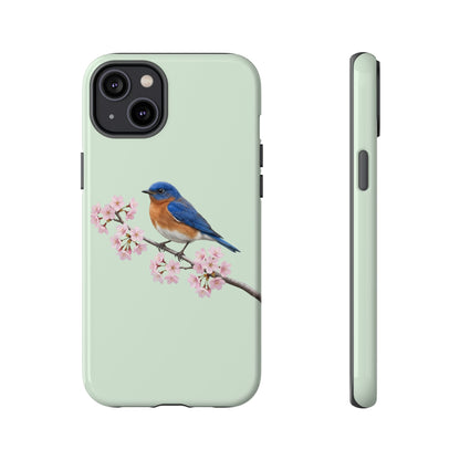 Rotkehl-Hüttensänger Handyhülle in Salbeigrün | Florales Kirschblüten Vogel-Motiv für iPhone & Google Pixel
