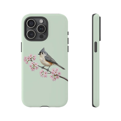 Grauhäubchenmeise Handyhülle in Salbeigrün | Florales Kirschblüten Vogel-Motiv für iPhone & Google Pixel