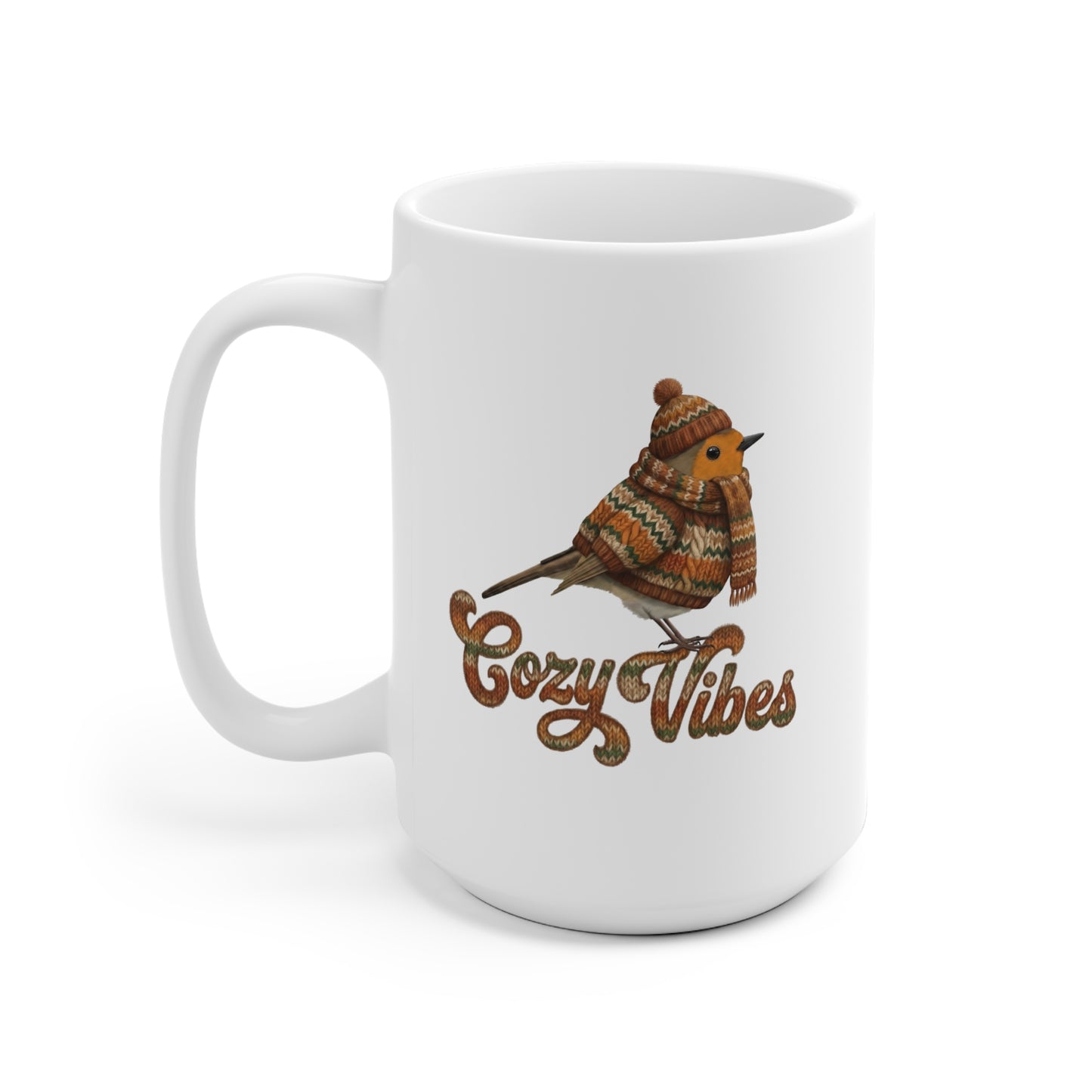 Rotkehlchen mit Strickpullover Weihnachtliche Tasse mit Vogelmotiv Cozy Vibes – Ideal für Kakao & Kaffee