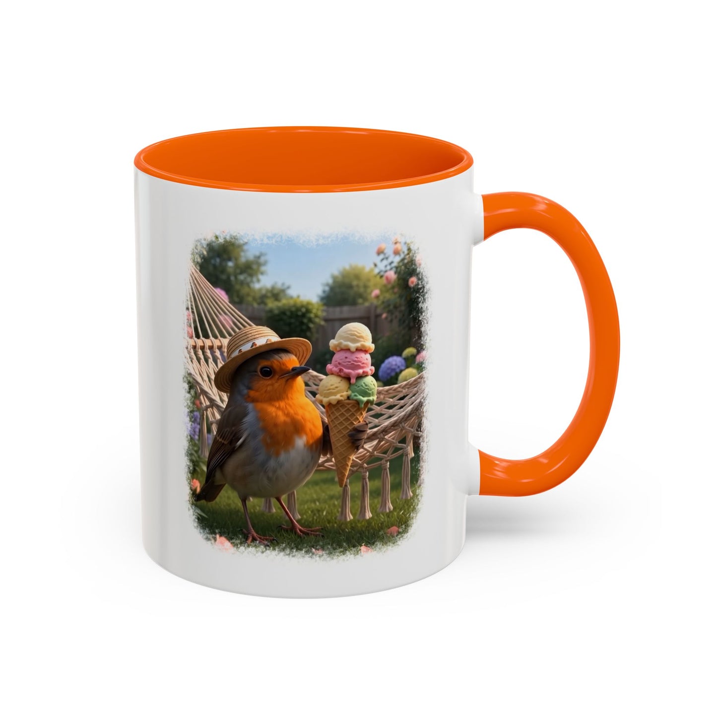 Keramiktasse Rosi Rotkehlchen und das Riesen-Eis im Garten – Kaffeebecher mit farbigem Henkel (330 ml)