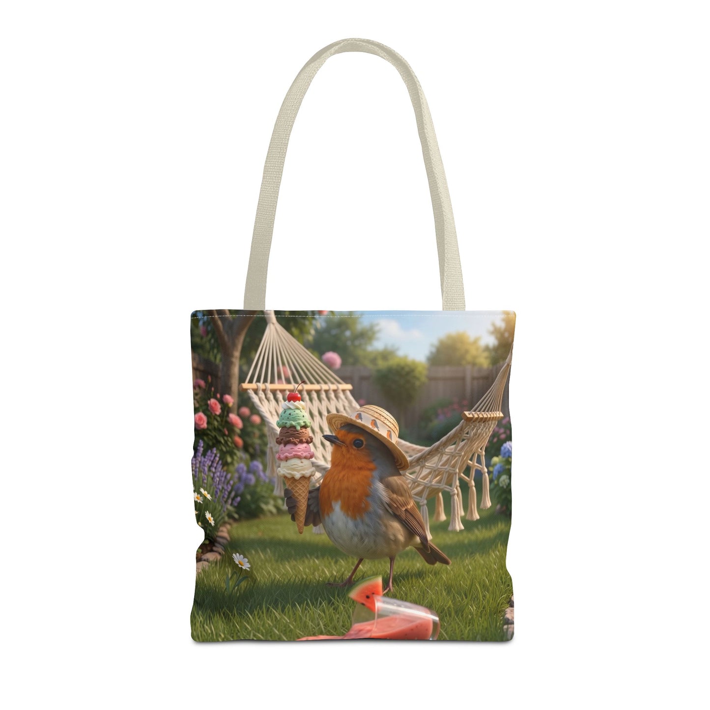 Premium Tragetasche Rosi Rotkehlchen und das Riesen-Eis im Garten (40 x 40 cm)