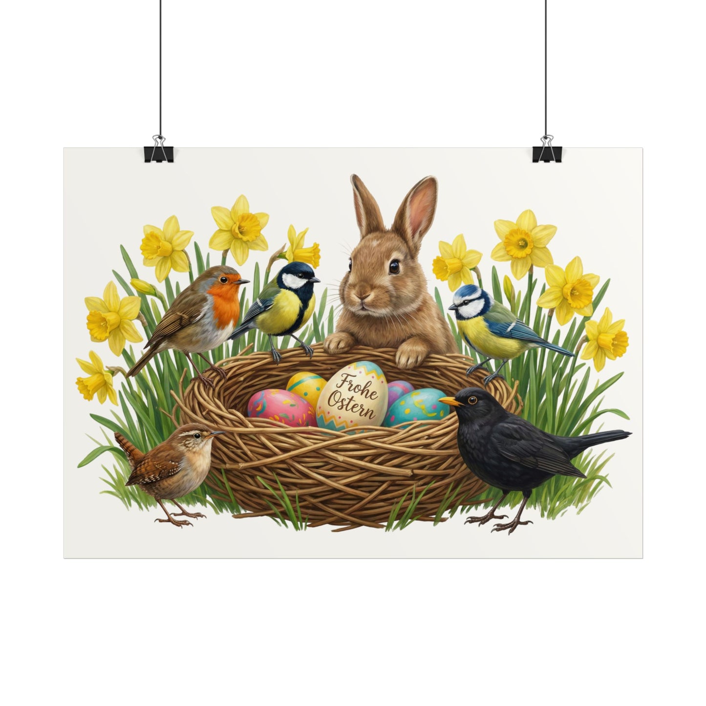 Premium Poster Kaninchen am Osternest mit Amsel, Rotkehlchen, Blaumeise, Kohlmeise, Zaunkönig & Osterglocken (Matt)
