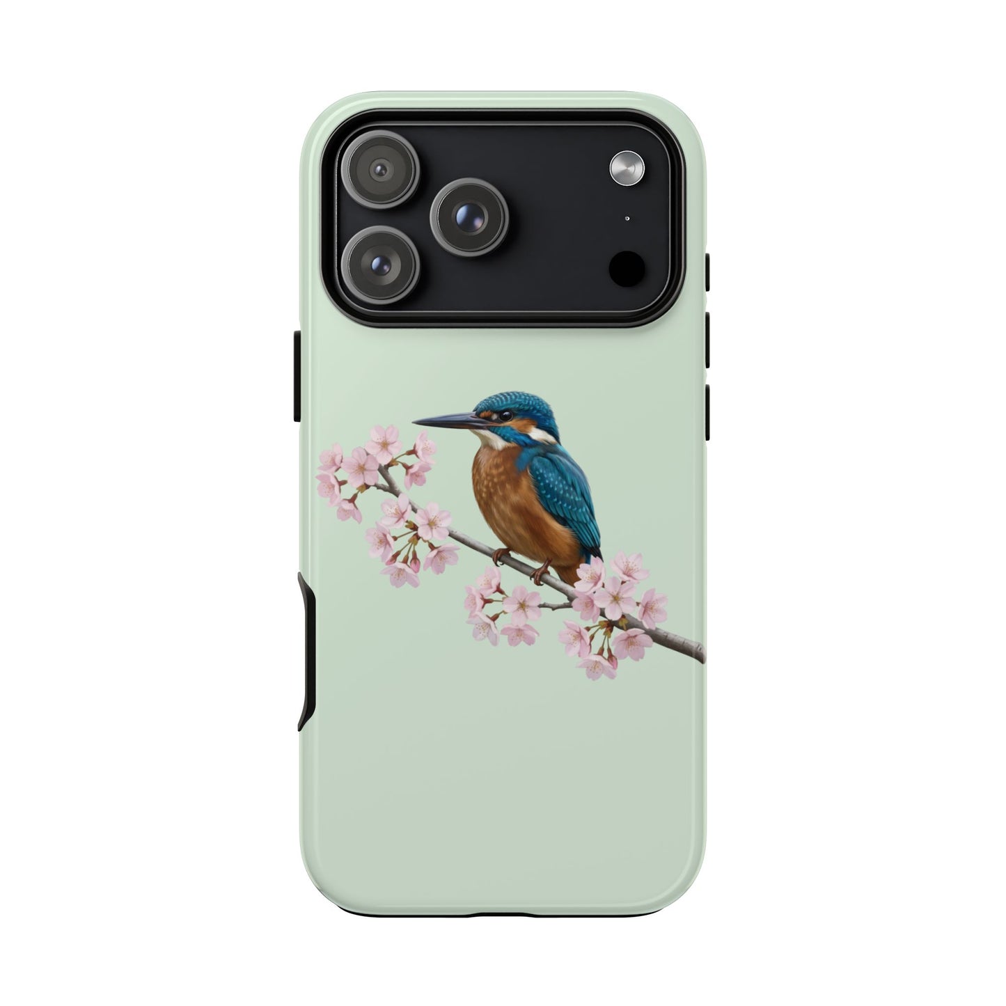 Eisvogel Handyhülle in Salbeigrün | Florales Kirschblüten Vogel-Motiv für iPhone & Google Pixel