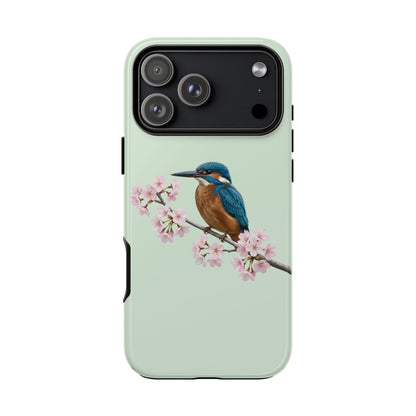 Eisvogel Handyhülle in Salbeigrün | Florales Kirschblüten Vogel-Motiv für iPhone & Google Pixel