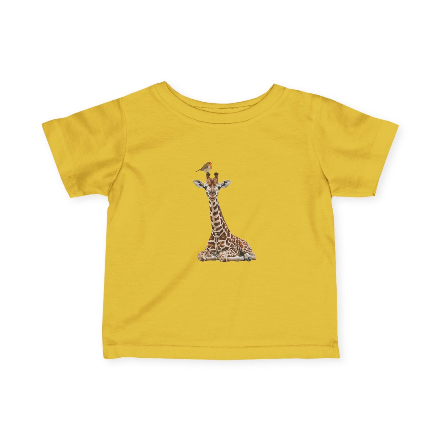 Süße Baby Giraffe mit Rotkehlchen Vogel Tiermotiv T-Shirt für Babys und Kleinkinder