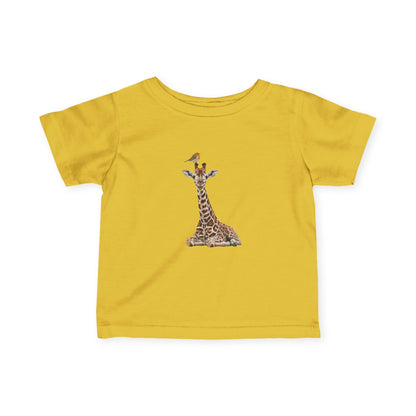 Süße Baby Giraffe mit Rotkehlchen Vogel Tiermotiv T-Shirt für Babys und Kleinkinder