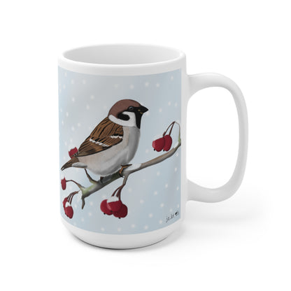 Feldsperling auf einem Ast im Winter Weihnachten Schnee Vogel Tasse