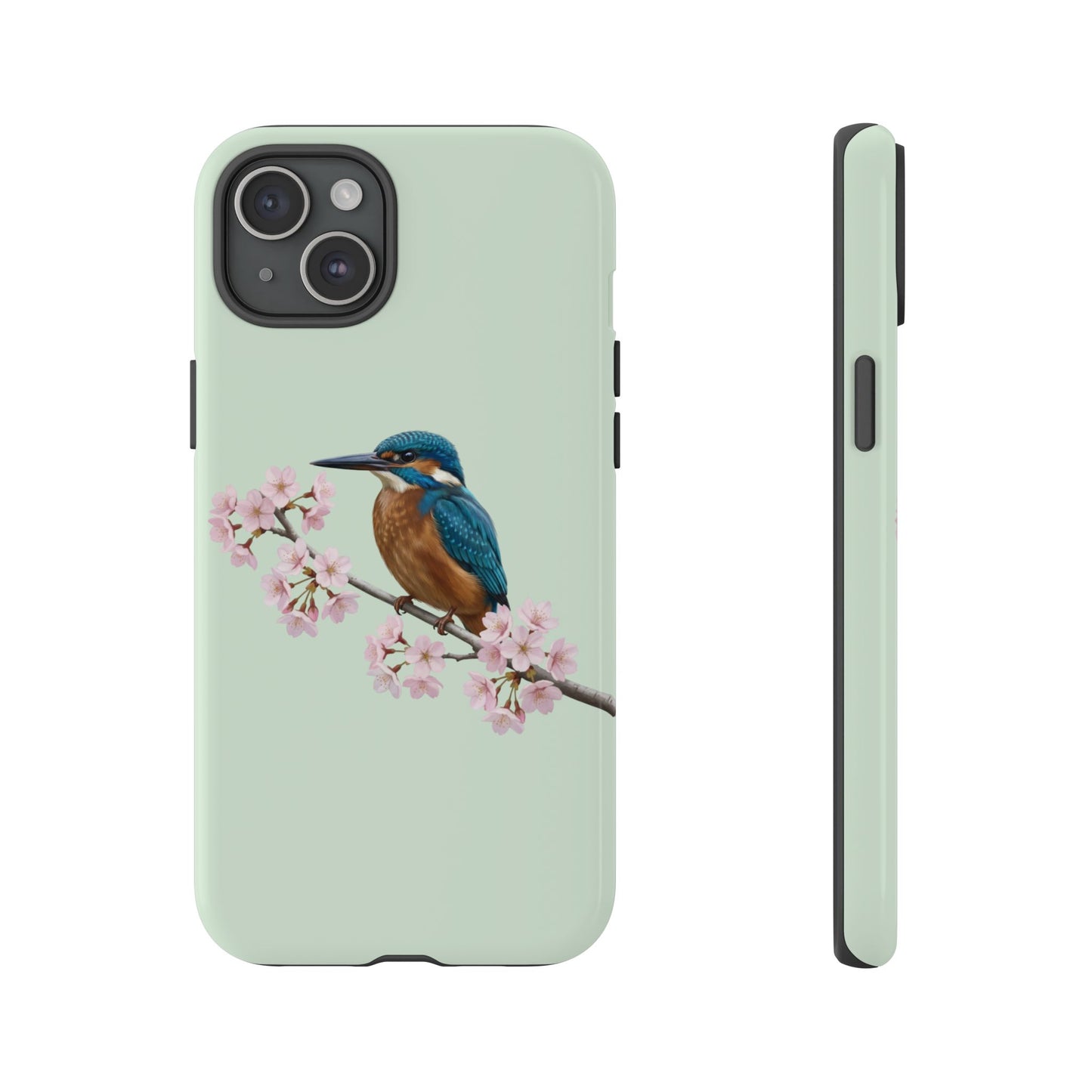 Eisvogel Handyhülle in Salbeigrün | Florales Kirschblüten Vogel-Motiv für iPhone & Google Pixel