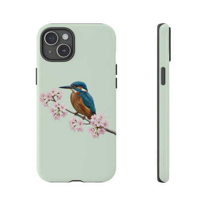 Eisvogel Handyhülle in Salbeigrün | Florales Kirschblüten Vogel-Motiv für iPhone & Google Pixel