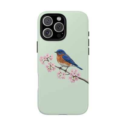 Rotkehl-Hüttensänger Handyhülle in Salbeigrün | Florales Kirschblüten Vogel-Motiv für iPhone & Google Pixel