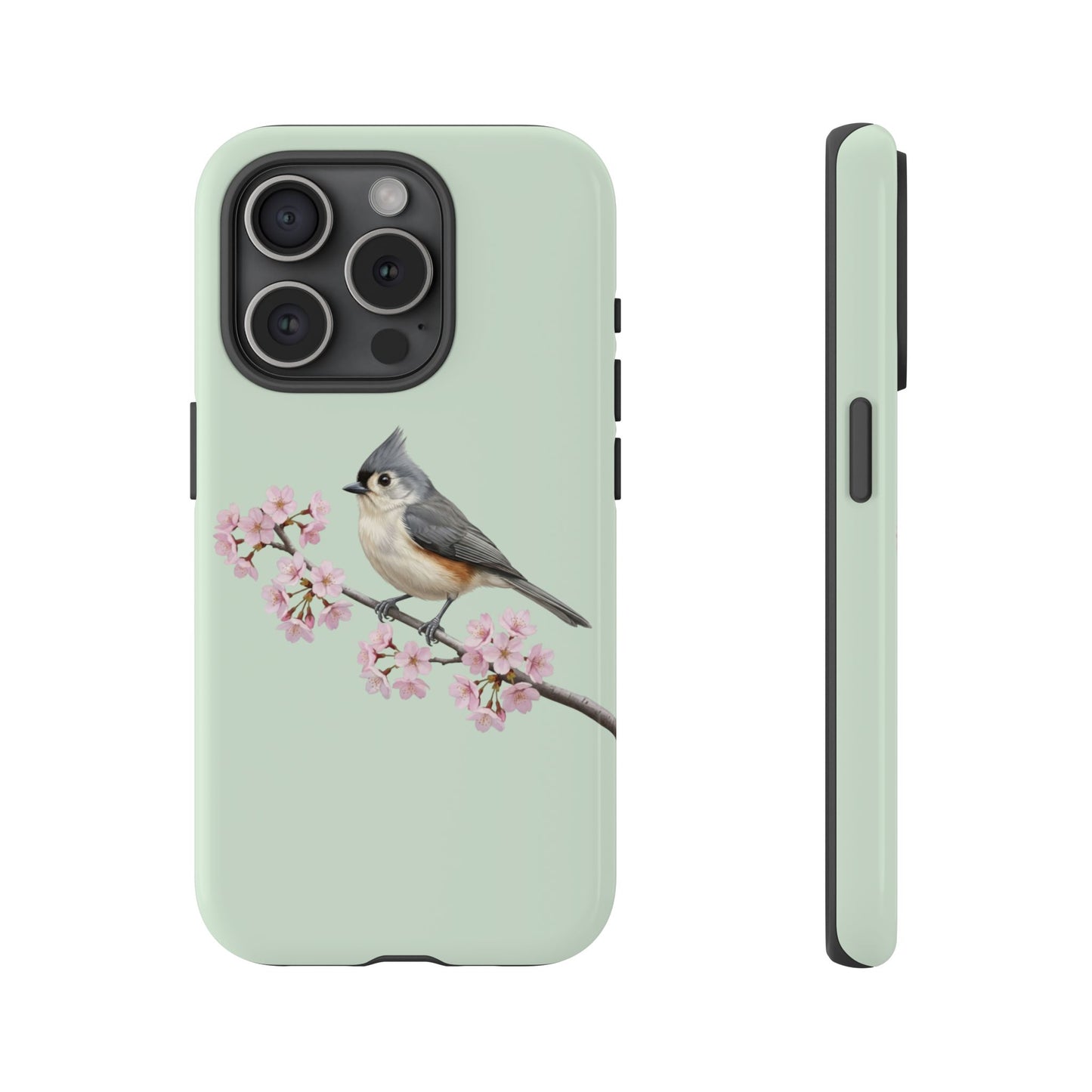 Grauhäubchenmeise Handyhülle in Salbeigrün | Florales Kirschblüten Vogel-Motiv für iPhone & Google Pixel