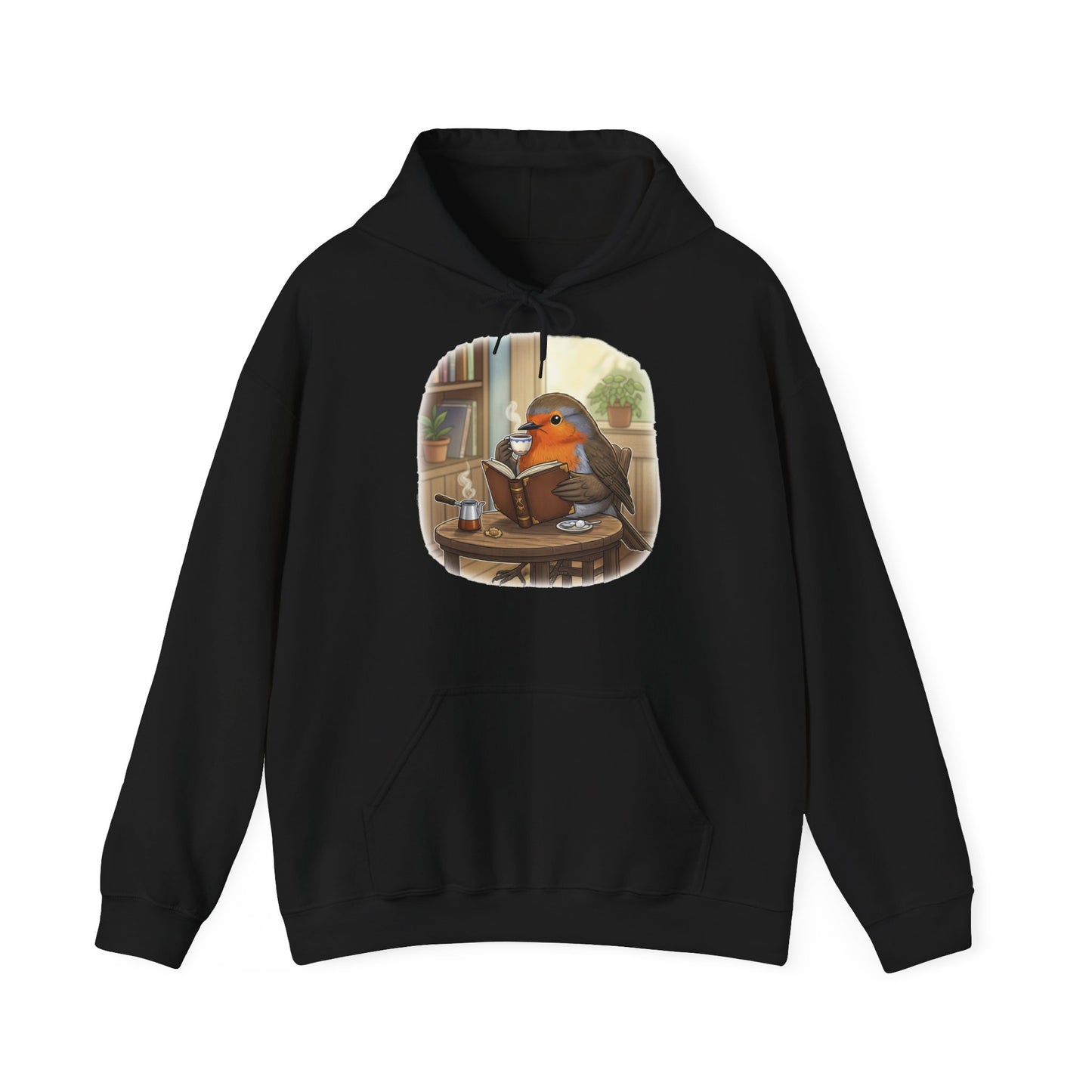Rotkehlchen liest Bücher und trinkt Kaffee Vogel Hoodie - Kapuzenpullover für Vogelbeobachter mit Vogelmotiv