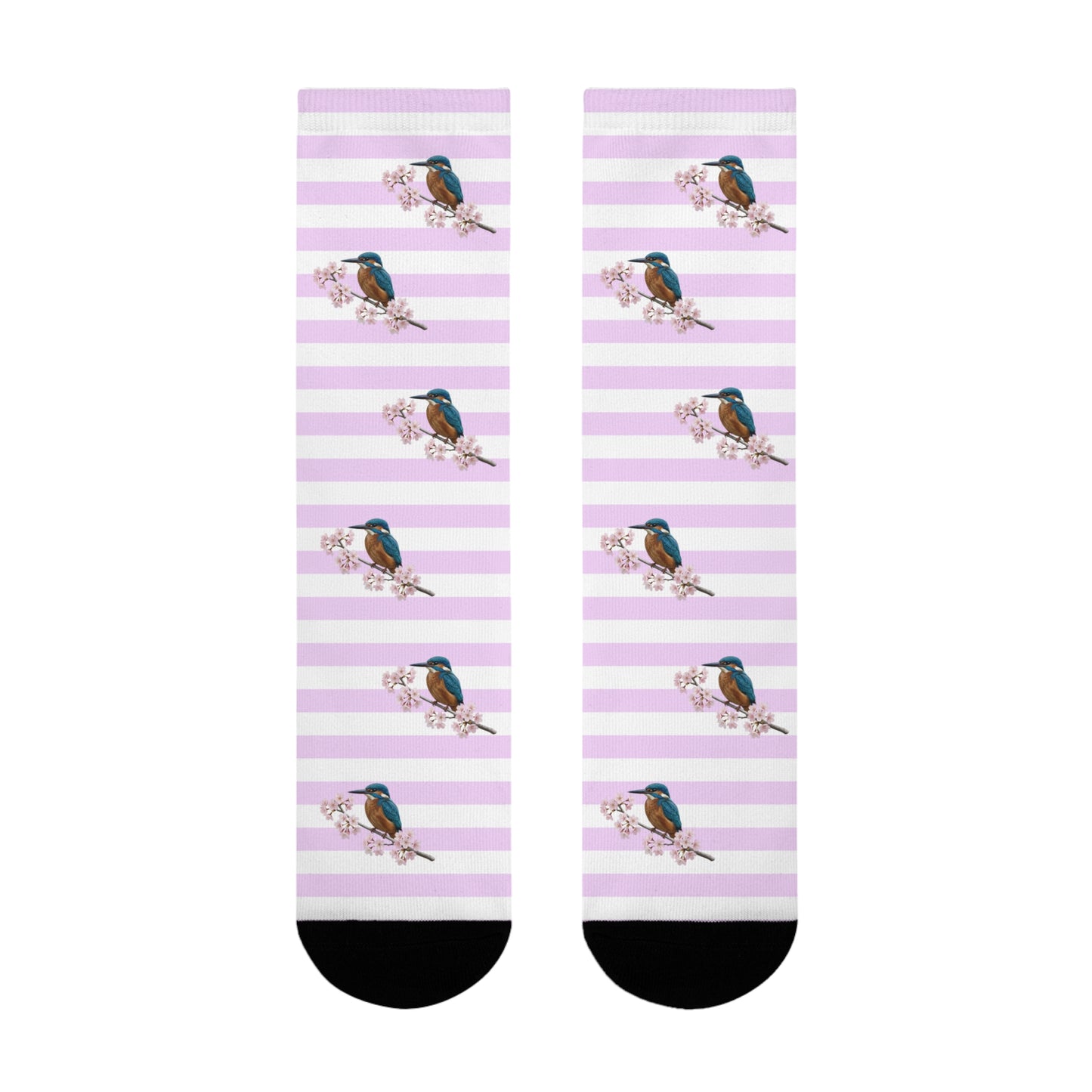 Eisvogel Socken mit Kirschblüten | Weiß Rosa gestreifte Vogelmotiv Strümpfe – Accessories,