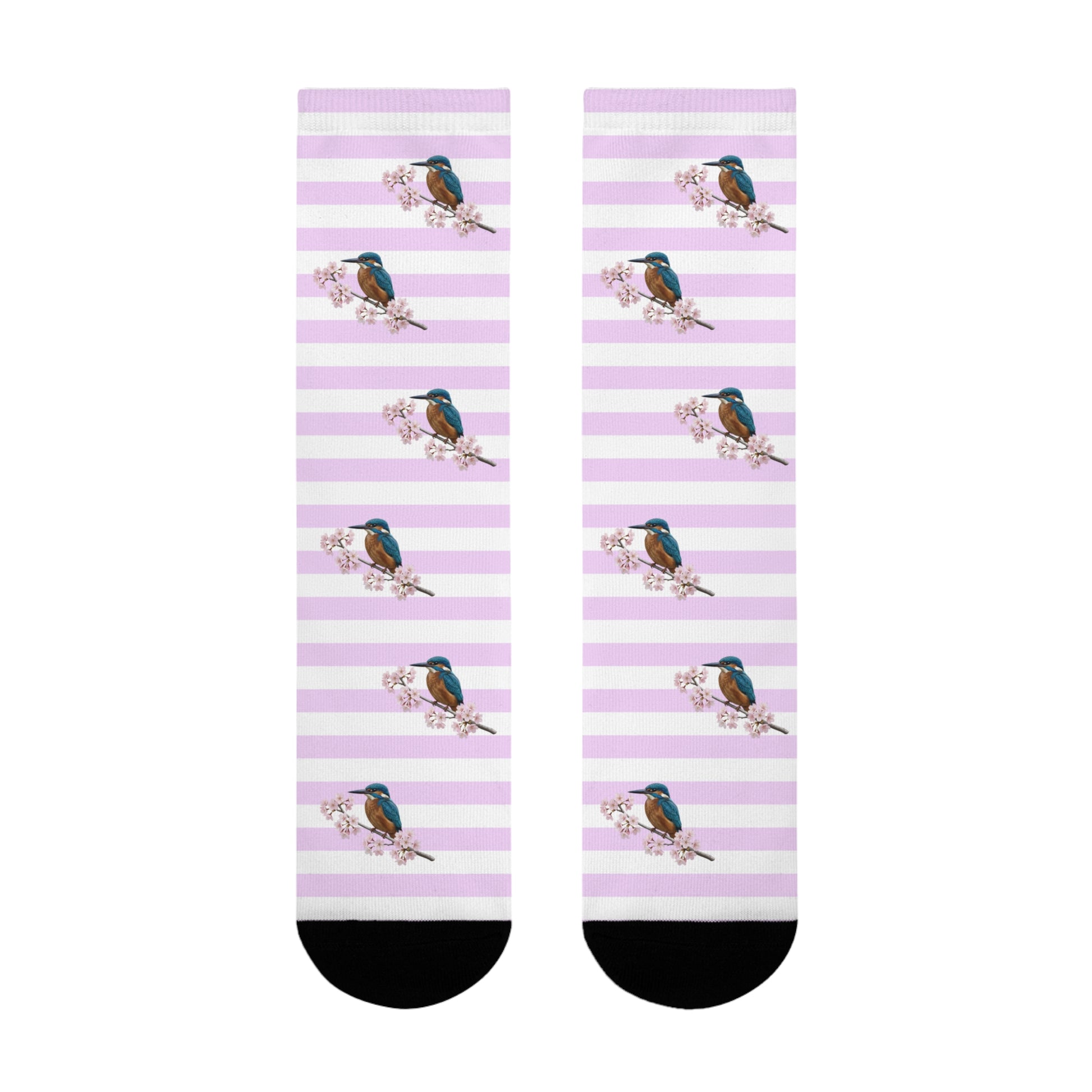 Eisvogel Socken mit Kirschblüten | Weiß Rosa gestreifte Vogelmotiv Strümpfe – Accessories,