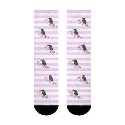 Eisvogel Socken mit Kirschblüten | Weiß Rosa gestreifte Vogelmotiv Strümpfe – Accessories,