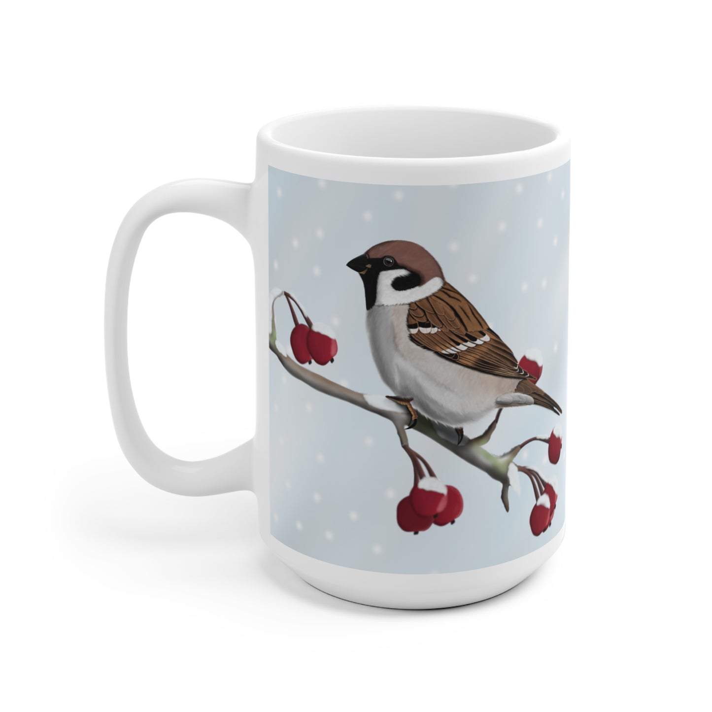 Feldsperling auf einem Ast im Winter Weihnachten Schnee Vogel Tasse