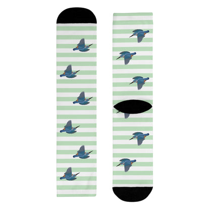 Eisvogel Socken – mit Streifen in Salbeigrün Weiß – Geschenk für Vogelliebhaber & Ornithologen