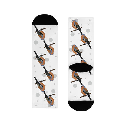 Buchfink Socken Vogelsocken Weiß mit Grauen Punkten