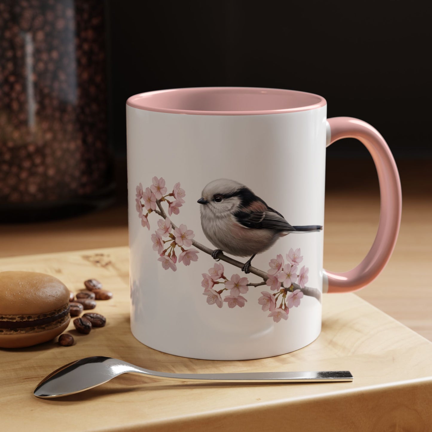 Schwanzmeise Tasse mit Kirschblüten | Rosa Keramiktasse für Vogelfreunde – Accent Coffee Mug,