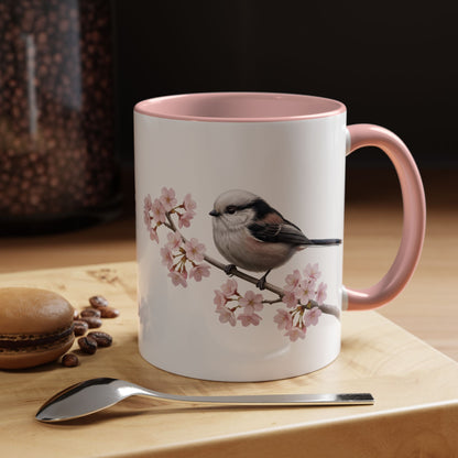 Schwanzmeise Tasse mit Kirschblüten | Rosa Keramiktasse für Vogelfreunde – Accent Coffee Mug,