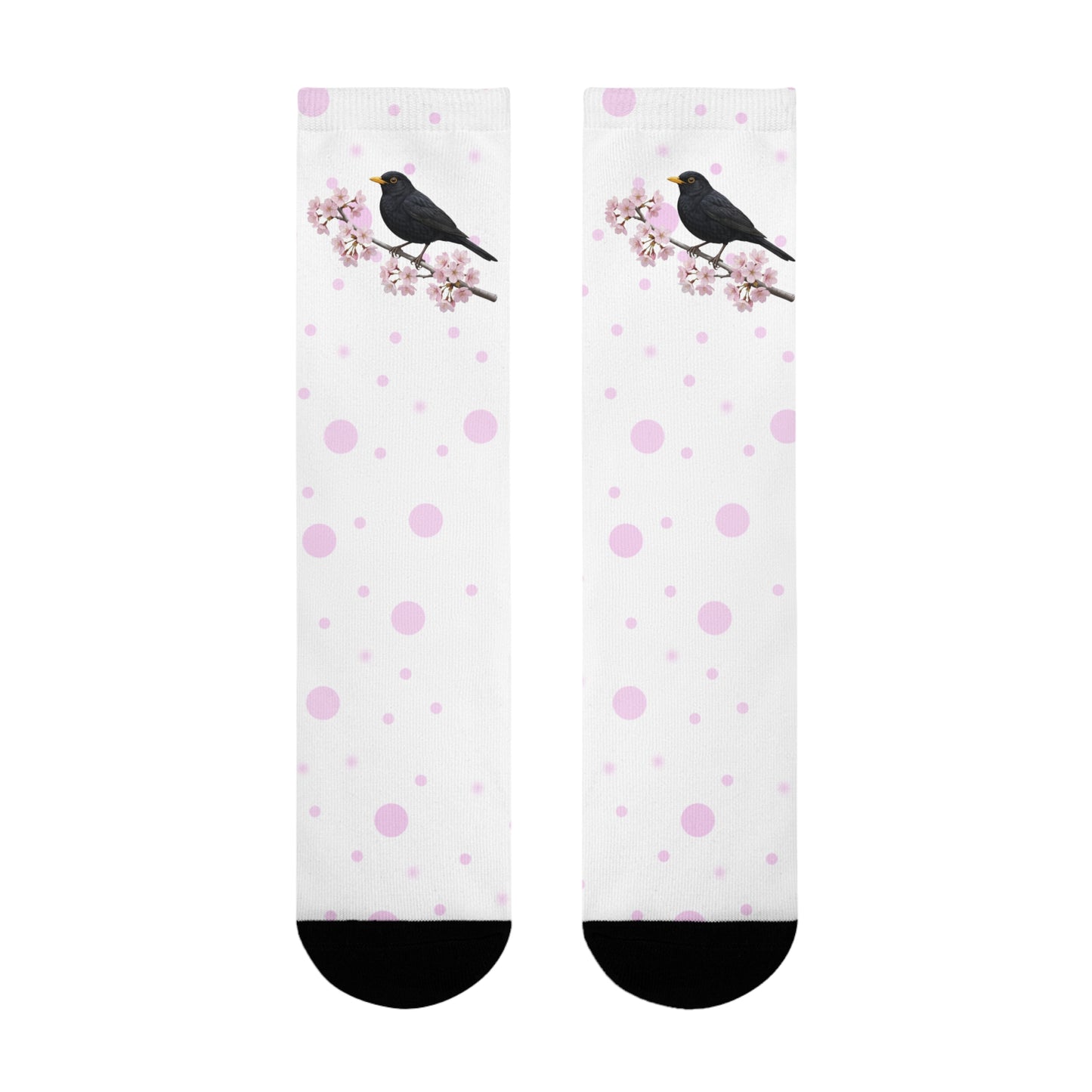 Amsel Socken mit Kirschblüten | Weiß Rosa gepunktete Vogelmotiv Strümpfe – Accessories,
