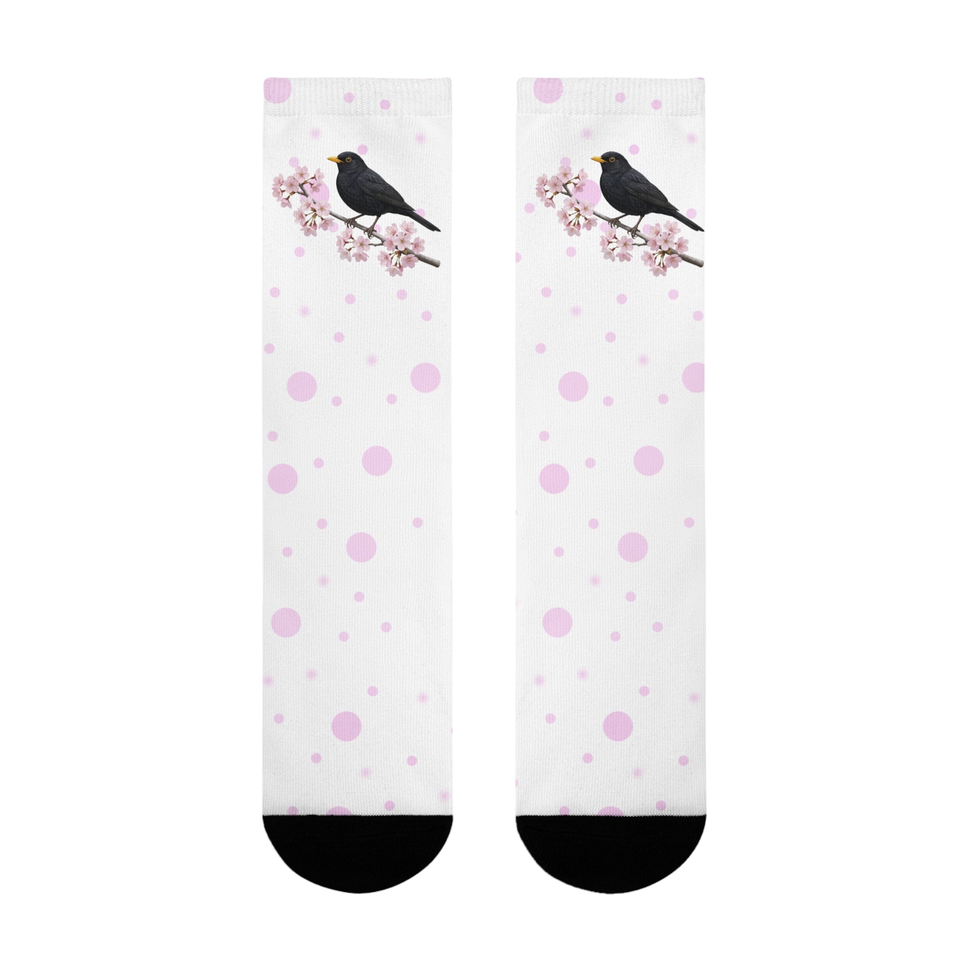 Amsel Socken mit Kirschblüten | Weiß Rosa gepunktete Vogelmotiv Strümpfe – Accessories,