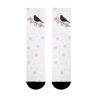 Amsel Socken mit Kirschblüten | Weiß Rosa gepunktete Vogelmotiv Strümpfe – Accessories,